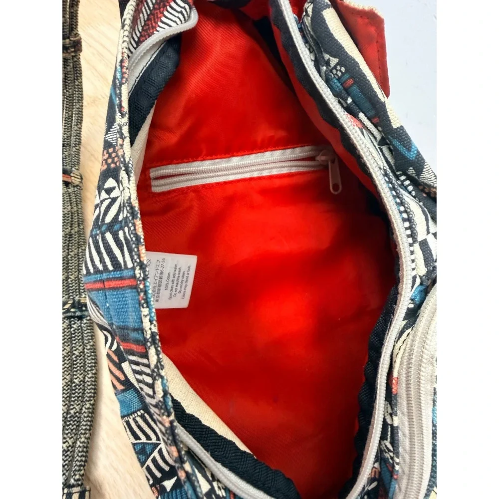 KAVU Rope Bag Canvas Sling Backpack Geometric Tribal Print Black Teal Orange #49